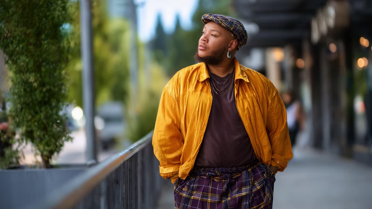 Selvsikker person poserer i urbane omgivelser og viser modestil med livlig gul jakke og matchende tilbehør, mens vedkommende går på fortovet