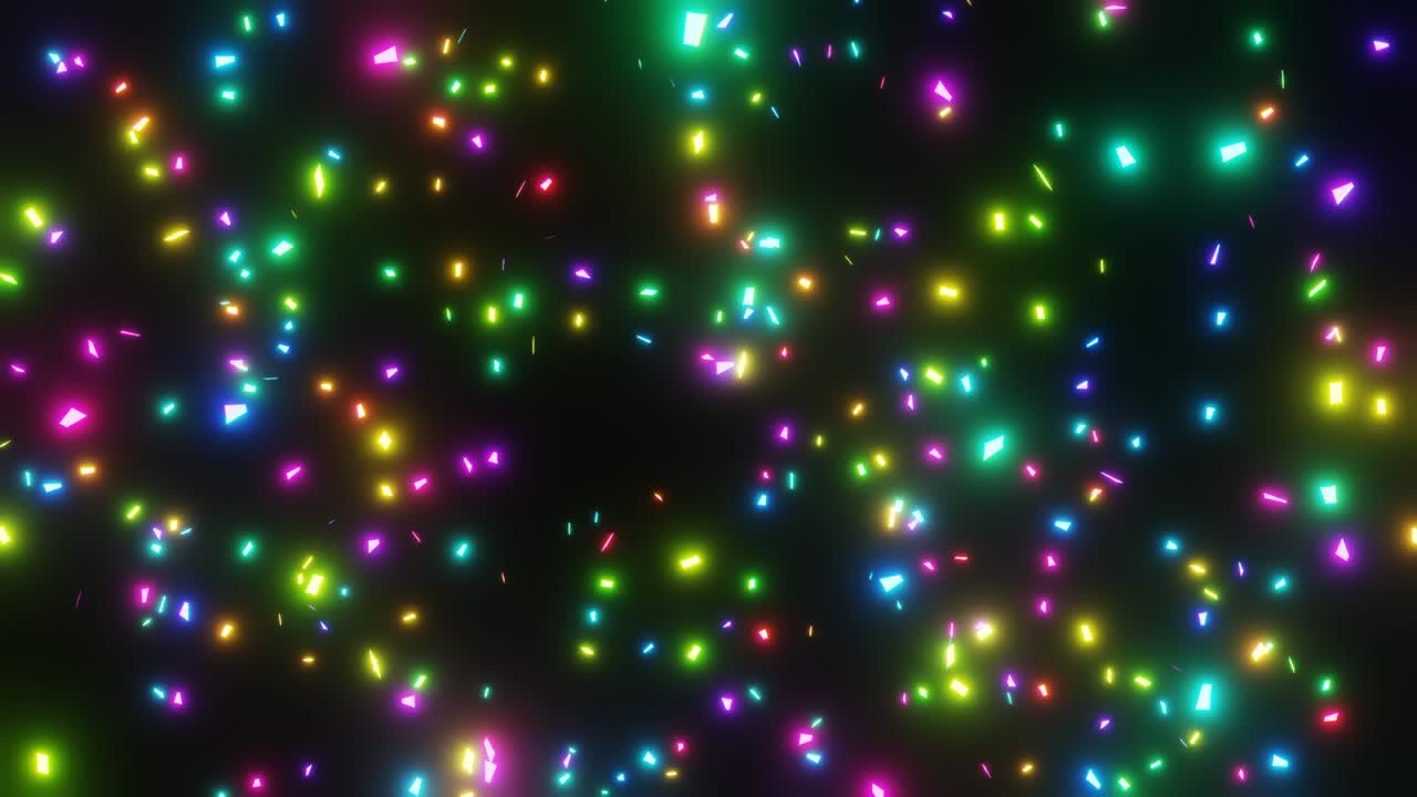 다채로운 빛나는 흐릿한 콘페티가 검은 바탕에 떨어집니다. 3d 애니메이션