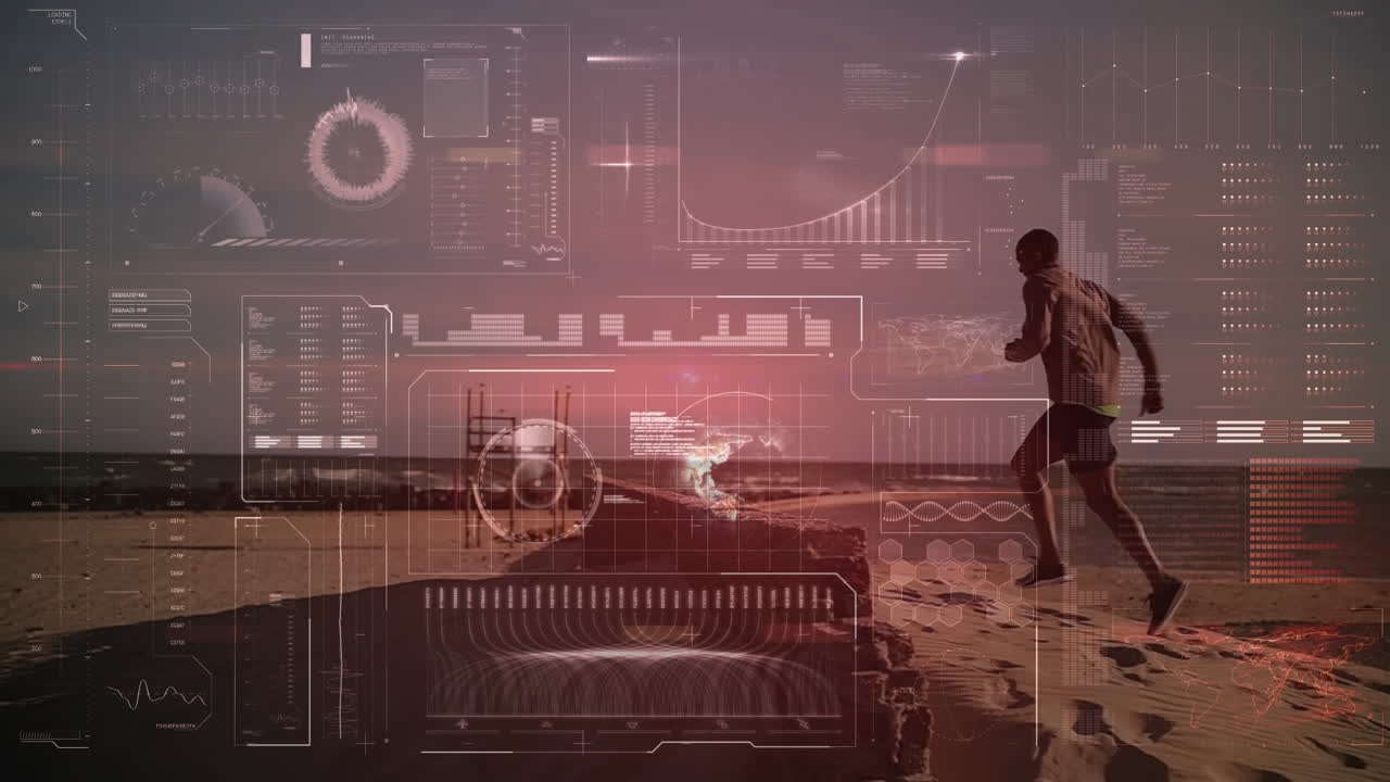 Computer interface with data processing against african american man running at the beach