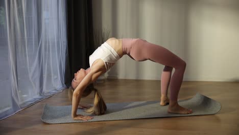 a woman with a beautiful figure performs a bridge exercise on a gymnastic mat a woman with a beautiful figure performs a bridge exercise on a gymnastic mat indoor fitness classes stretching exercises