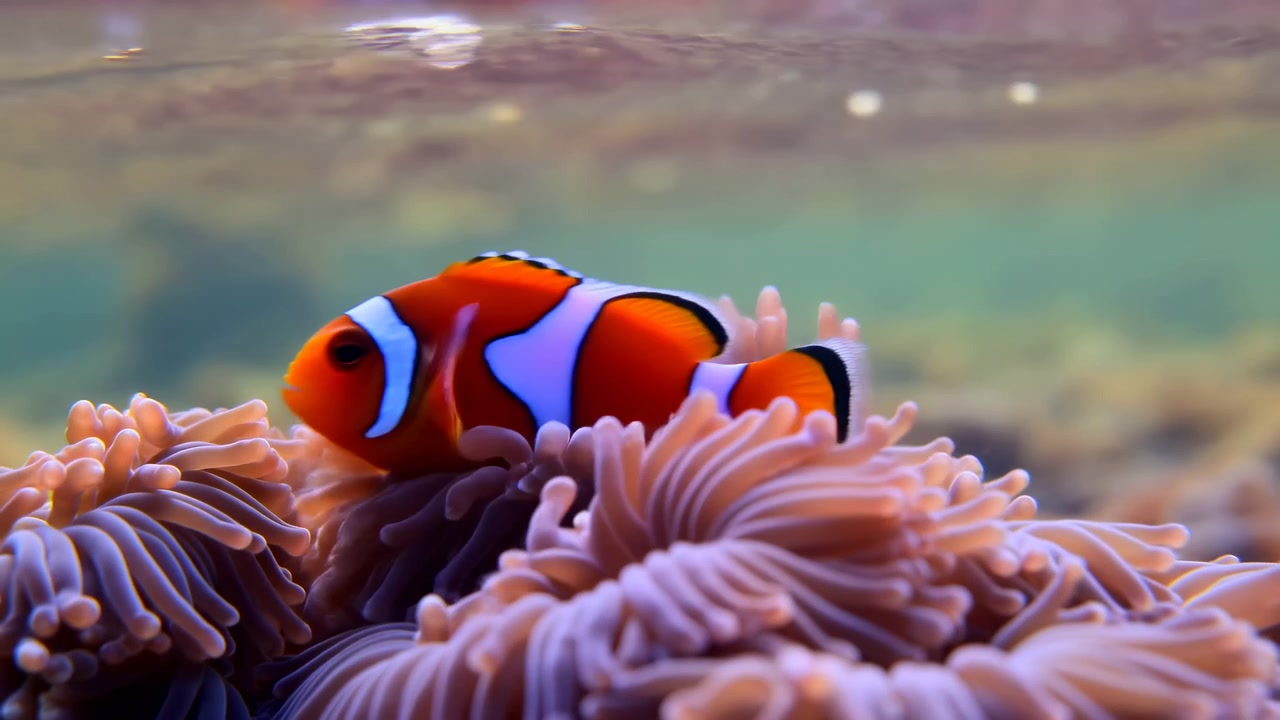Pesce pagliaccio arancione e bianco che si muove e ruota delicatamente tra i tentacoli rosa di un anemone in acque poco profonde della barriera corallina, creando una texture sottomarina colorata, con luce soffusa e sereno movimento marino.