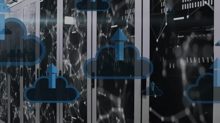 Animation of arrow in clouds over connected dots on data server racks in server room