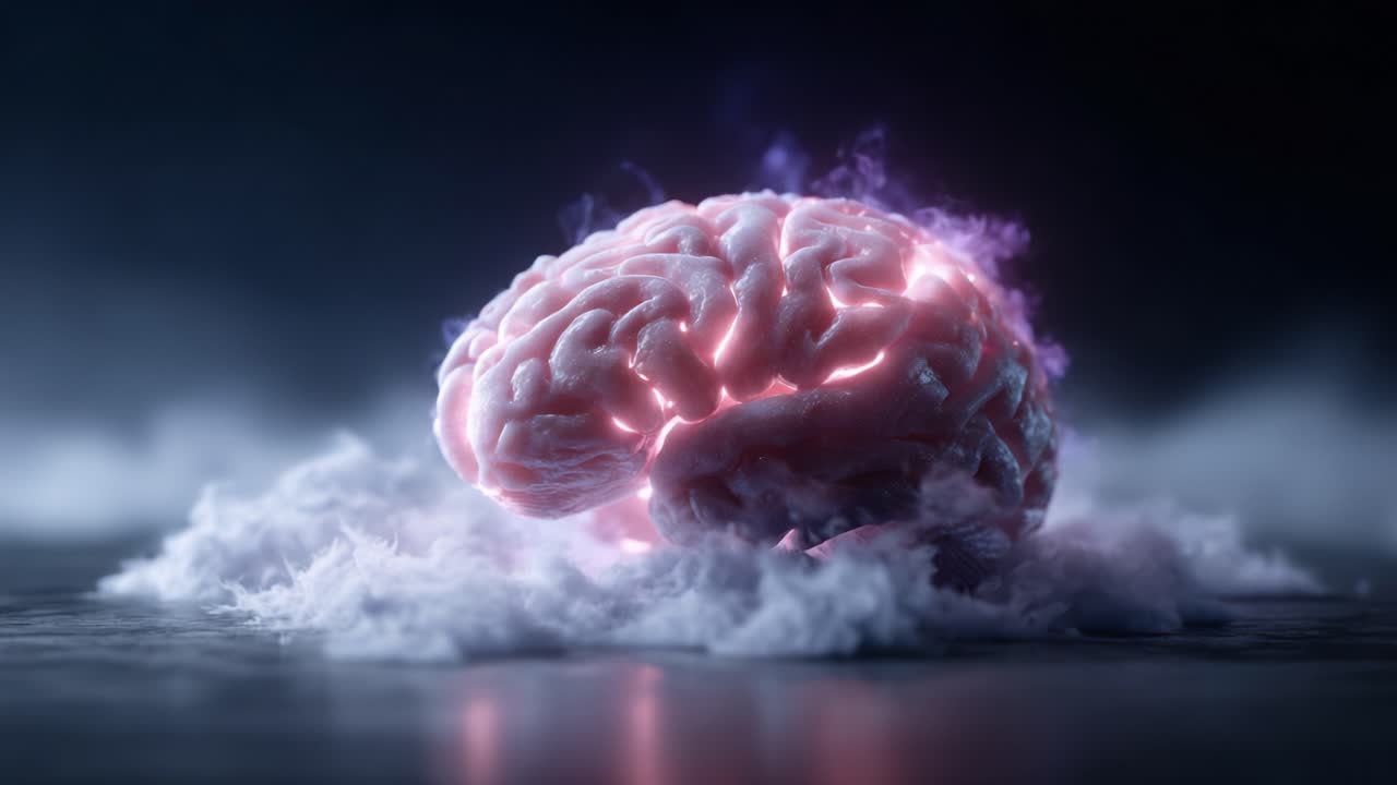 Una visualizzazione affascinante del cervello umano circondato da nuvole eteree ed energia enigmatica, a simboleggiare intelligenza, creatività e processi di pensiero