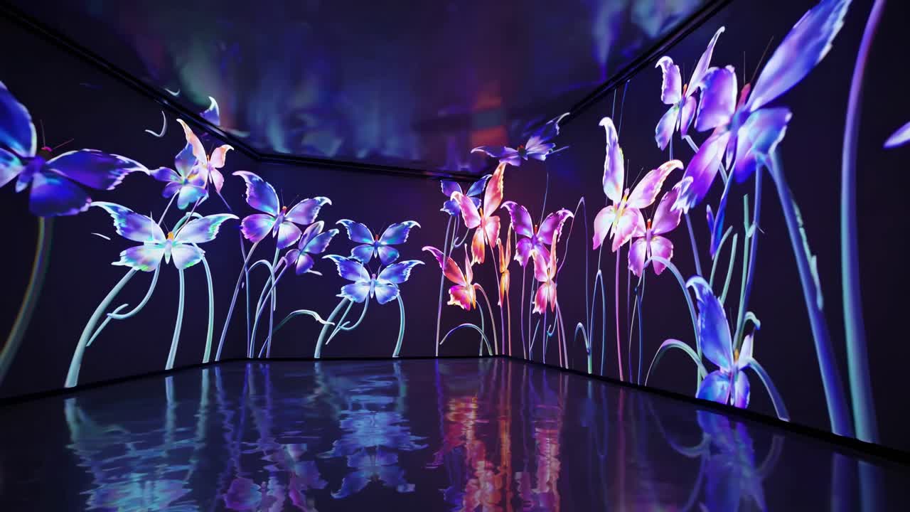 Immersive video art installation with vibrant, glowing flowers on walls