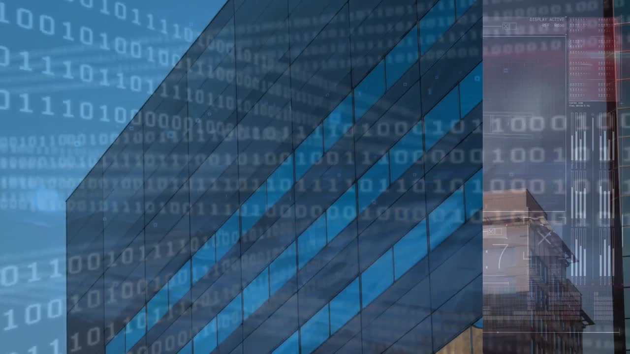 Animation of numbers changing and data processing over cityscape