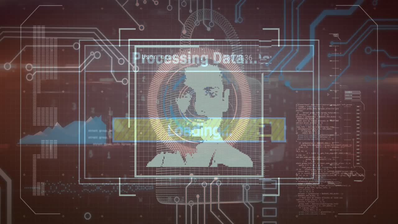 animación de los iconos de perfil cambiantes y la interfaz con el procesamiento de datos sobre fondo negro