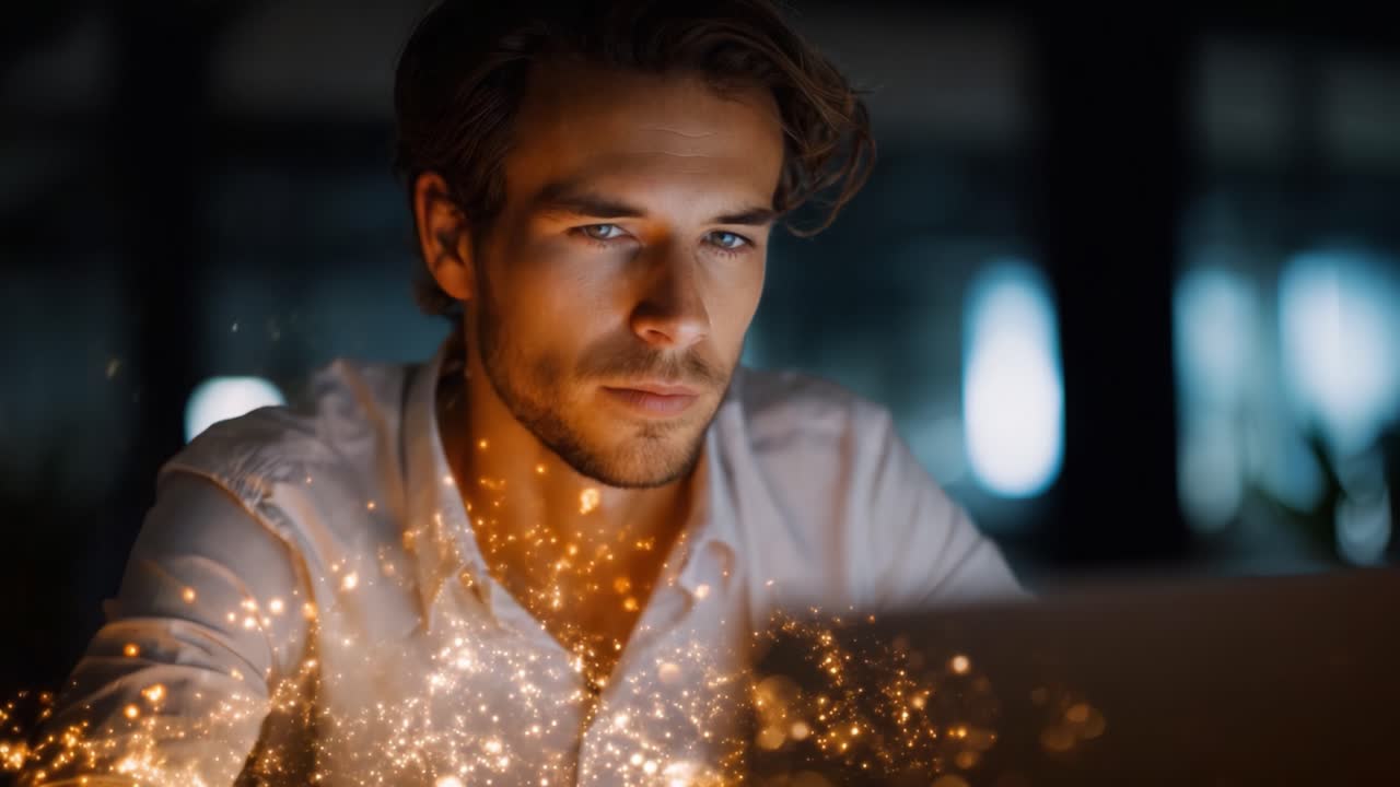 Ein konzentrierter Mann blickt aufmerksam auf seinen Computerbildschirm, der in einem dunklen Raum von einem funkelnden Schein erhellt wird, während er in digitale Kreativität und Innovation eintaucht