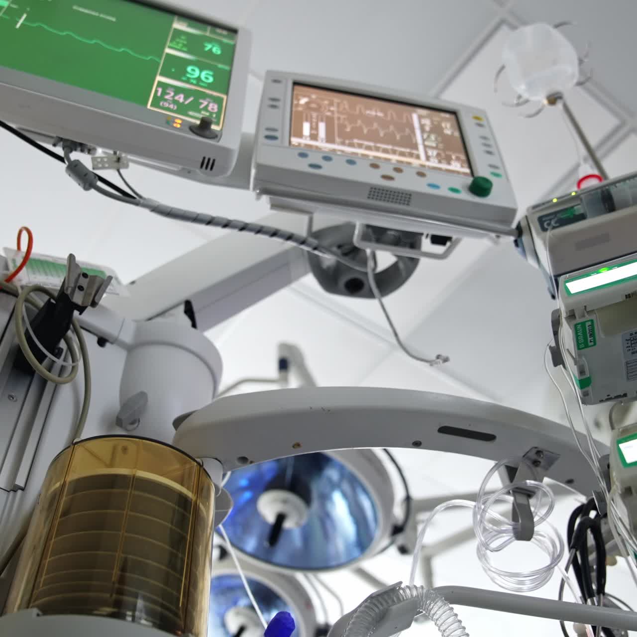 Modern technological machines working in the surgery room. Medical equipment for contemporary surgeries. Low angle view