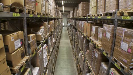 inside a large warehouse with many pallets of boxes