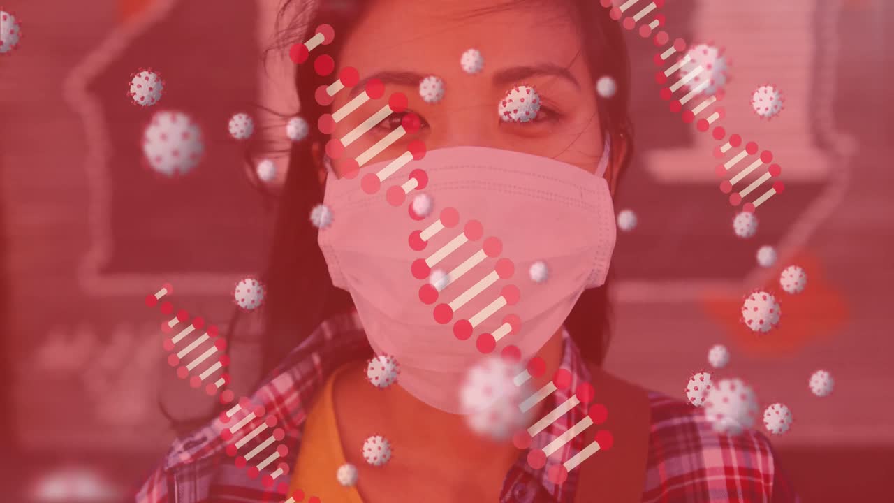 코로나 19 세포와 함께 회전하는 dna 가닥의 애니메이션으로 배경에는 얼굴 마스크를 쓰고 있는 여성이 있습니다.
