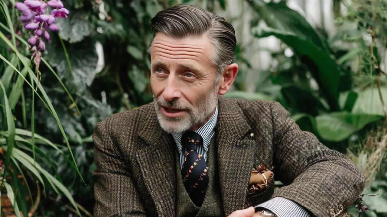 En fornem herre i frodige botaniske omgivelser, fanget i to rammer: Udstråler elegance og charme midt i levende grønt og delikate orkideer.
