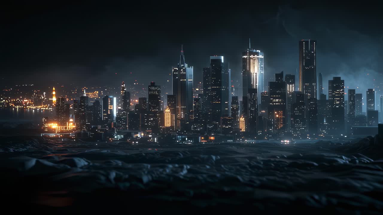 The city skyline sparkles under the night sky, showcasing a vibrant array of illuminated skyscrapers and architectural marvels. Reflections shimmer on the water as boats move gently along the waterfront. The glowing lights create a lively atmosphere, highlighting the energy and dynamic nature of urb