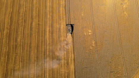 top-down-aerial-shoot-over-harvester-combine,-goal-of-center-of-screen,-combine-drives-up-to-the-tractor-with-the-trailer