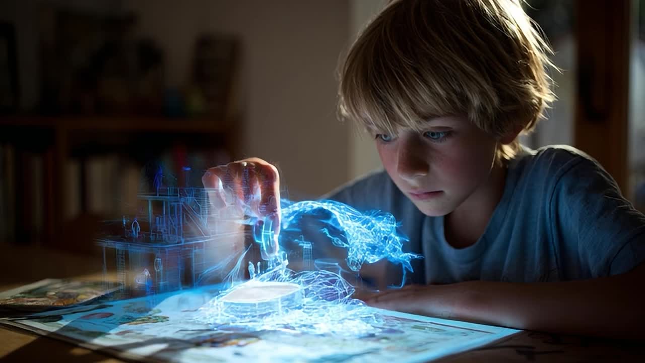 Menino explora tecnologia holográfica em casa à noite