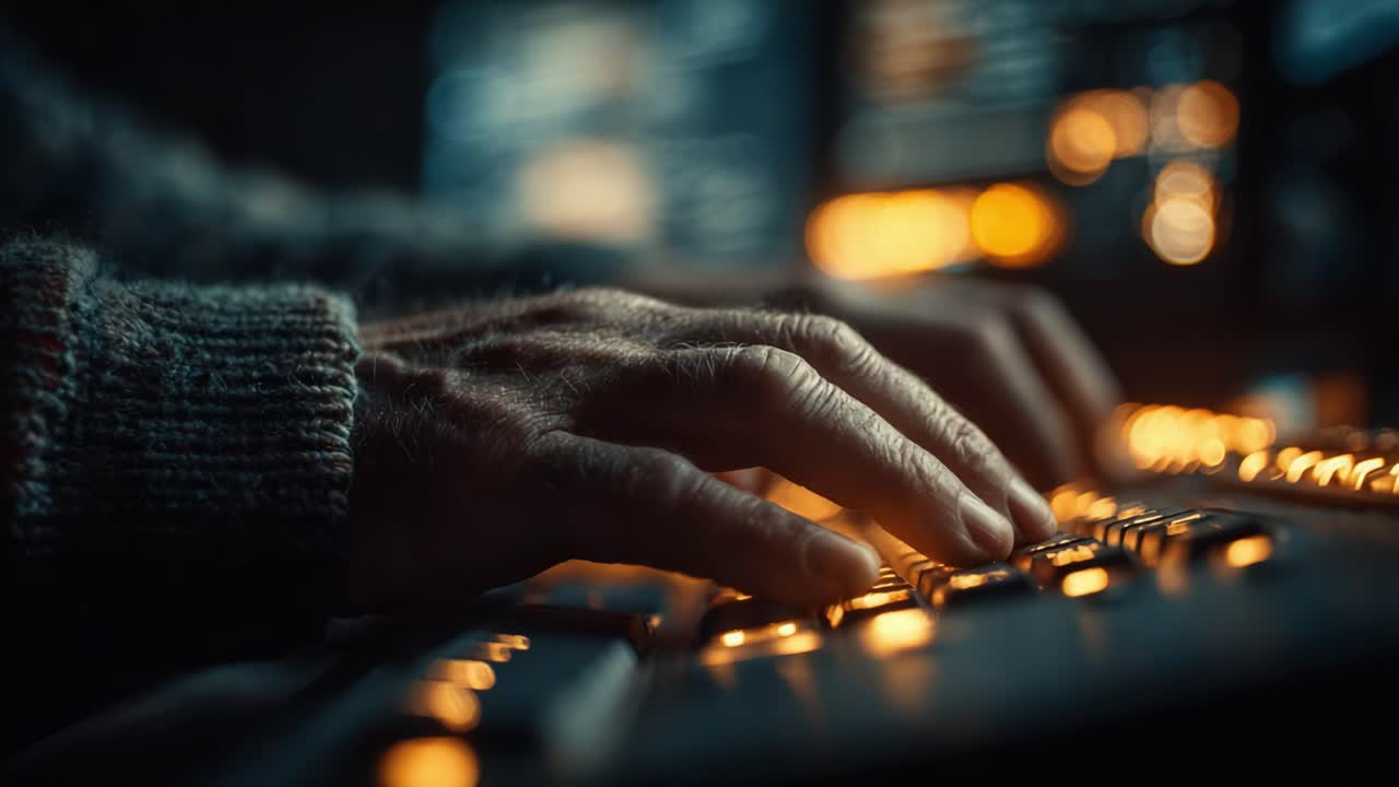 An Intimate Close-Up of Hands Skillfully Typing on a Keyboard, Illuminated by Soft Backlighting, Capturing the Essence of Digital Creation and Technical Mastery in a Darkened Environment
