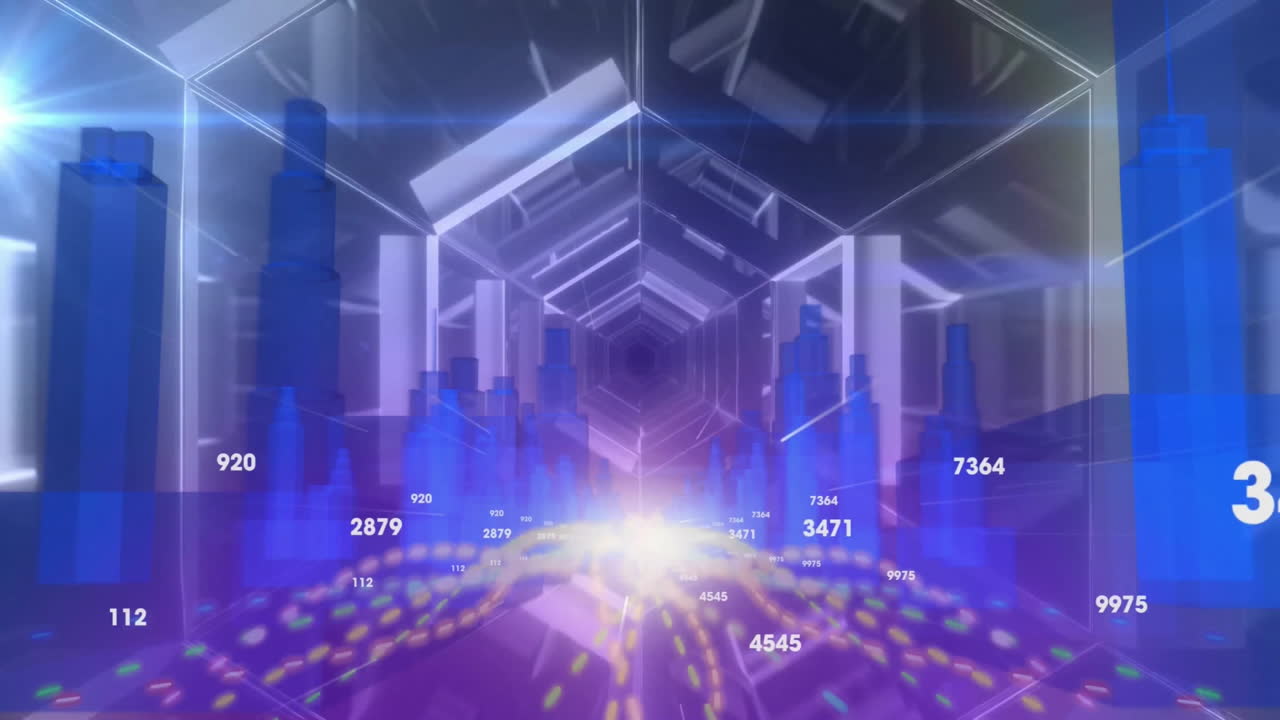 디지털 데이터 시각화 - 미래의 터널 위에 숫자와 기하학적 모양을 가진 애니메이션