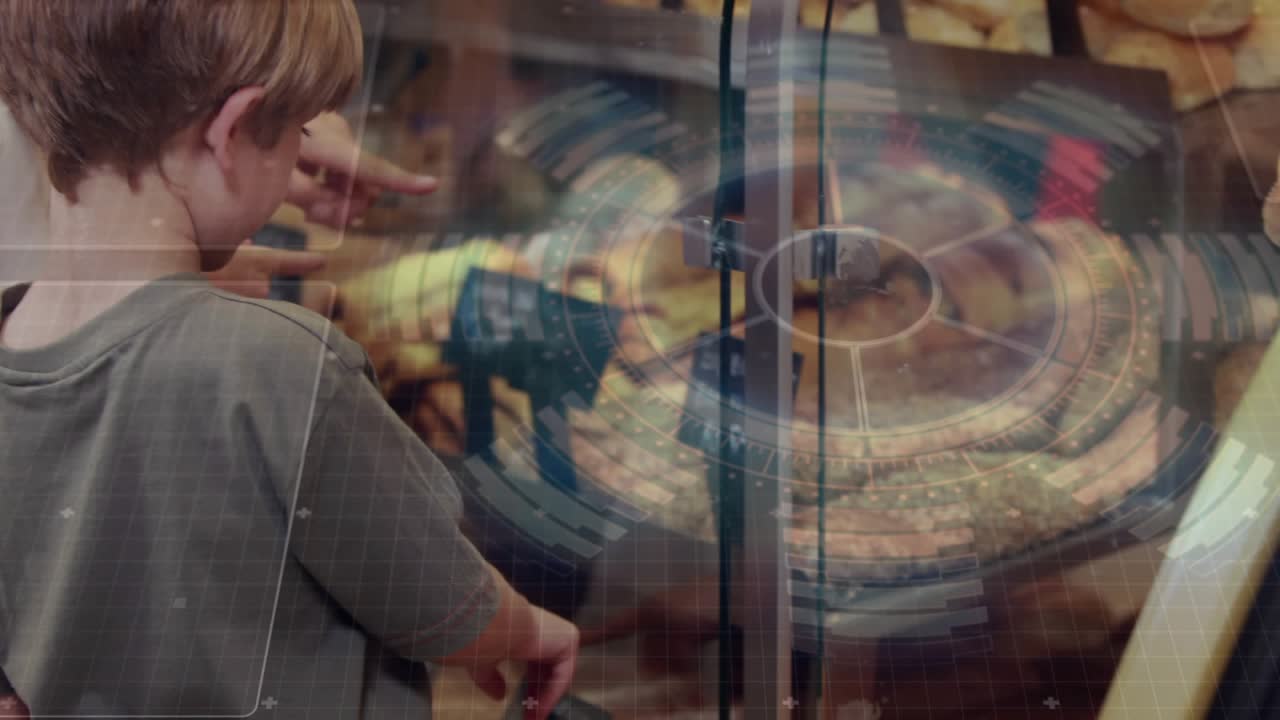 Boy pointing at bakery case children leaning choosing pastries as woman guiding HUD overlaying case
