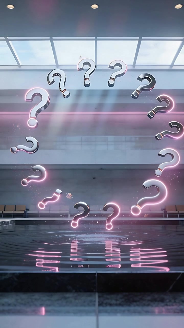 Video verticale: Punti interrogativi metallici che reagiscono ruotano sopra una piscina nell'atrio al pulsare delle increspature della piscina.