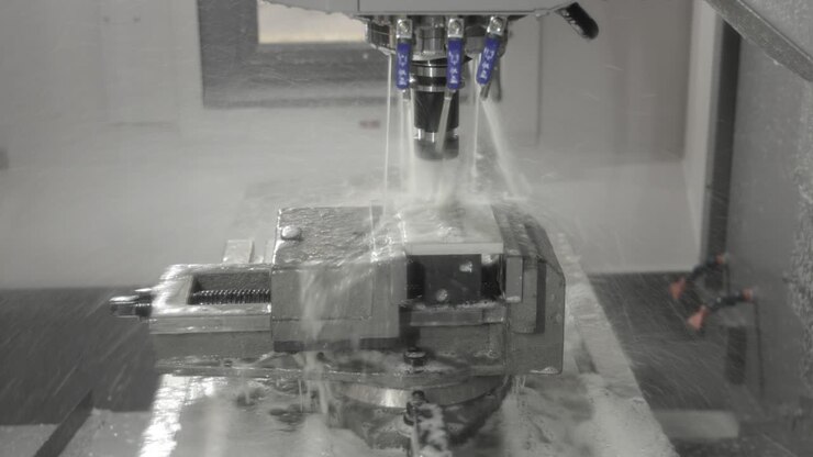 Fresatrice CNC per la lavorazione dei metalli. Taglio della moderna tecnologia di lavorazione del metallo.