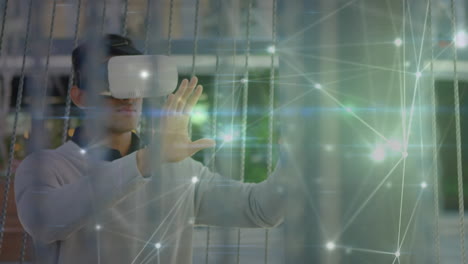 animation of network of connections over man wearing vr headset