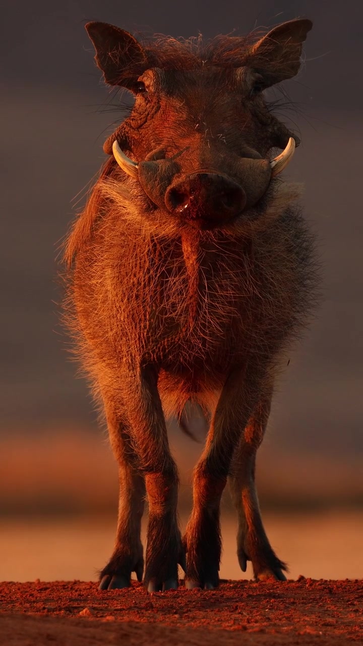 Facoquero all'erta alza la testa prima di tornare a nutrirsi al tramonto