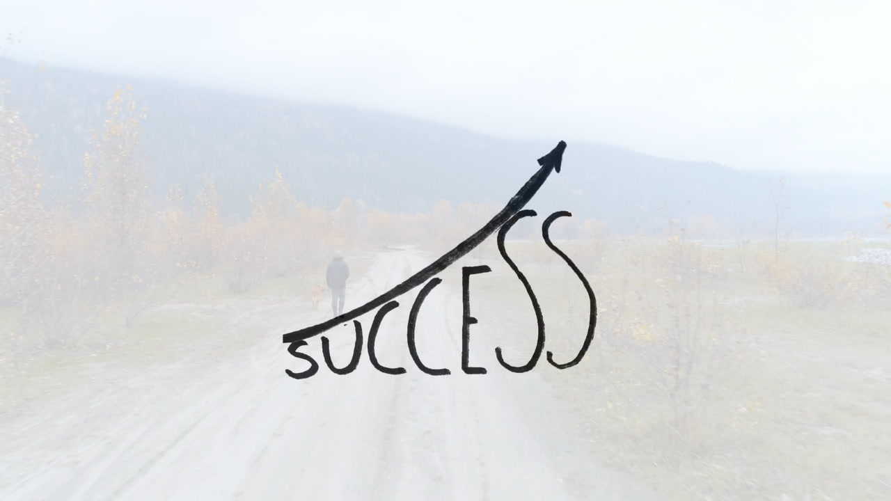 Man walking dirt road to horizon, ink strokes forming SUCCESS arrow overlaying center for marketing