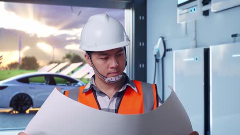 close up of asian male engineer with safety helmet looking at blueprint in his hands and looking around while standing with home energy storage system in a modern garage