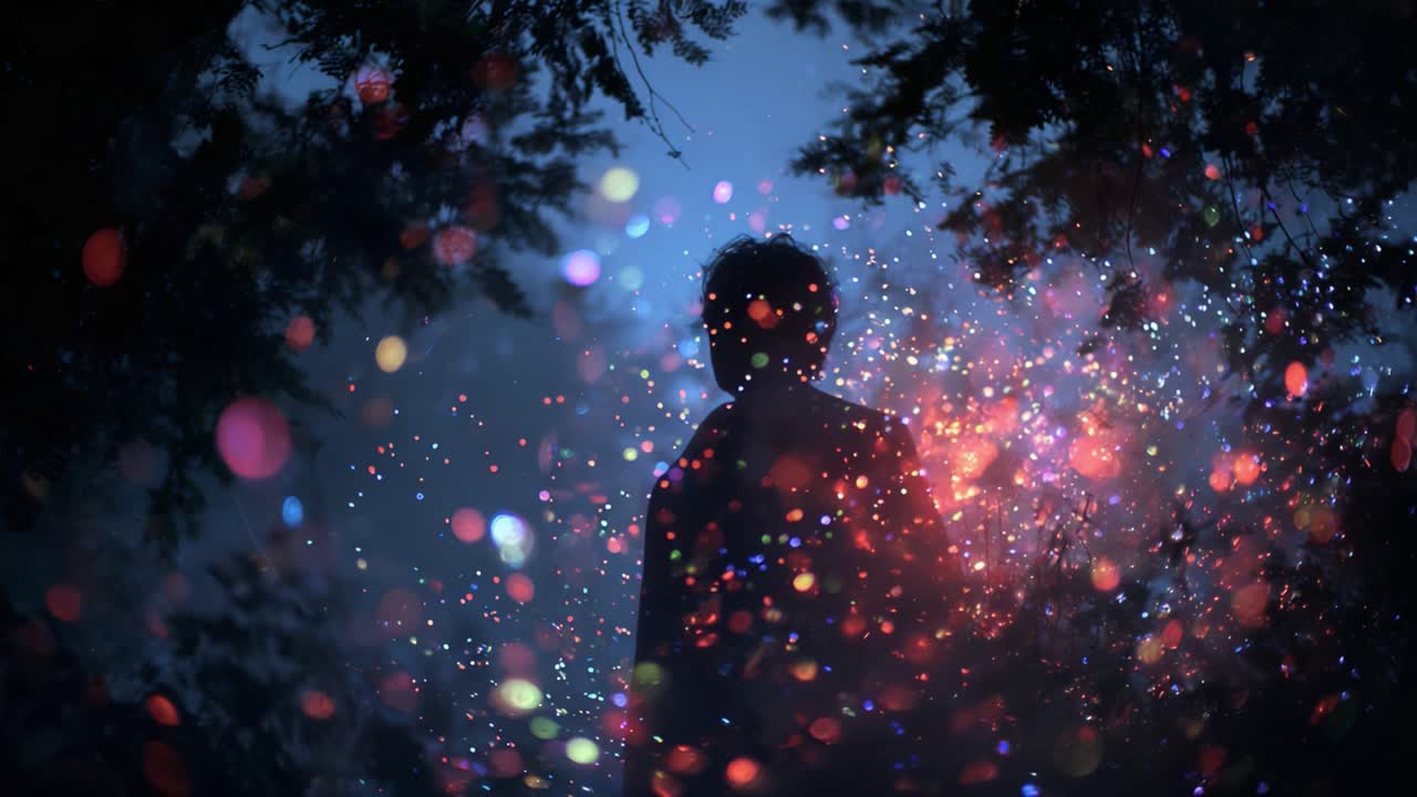 Mysterious silhouette of a person standing in a dark forest at night, surrounded by floating colorful glowing particles and magical light, creating a surreal and dreamlike fantasy atmosphere