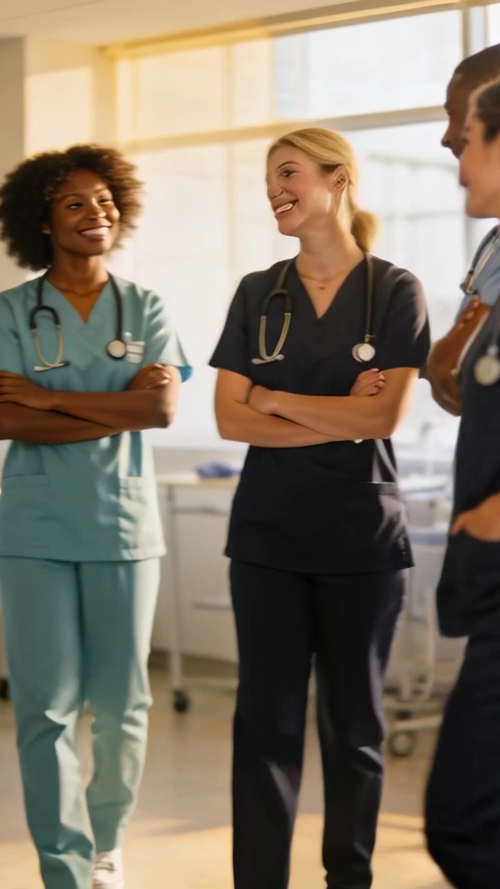 Vertical video: Walking staff in scrubs to hospital bed after smiles checking equipment for rounds