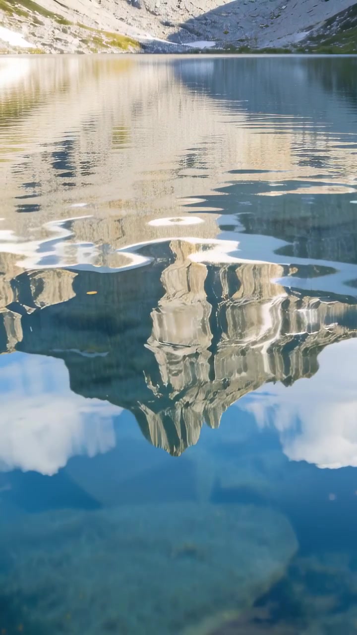 Vertical video: Rippling reflected peak on lake from breeze, hiker in red jacket with pack watching