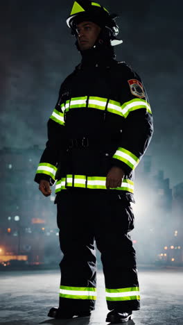 firefighter in protective gear at night