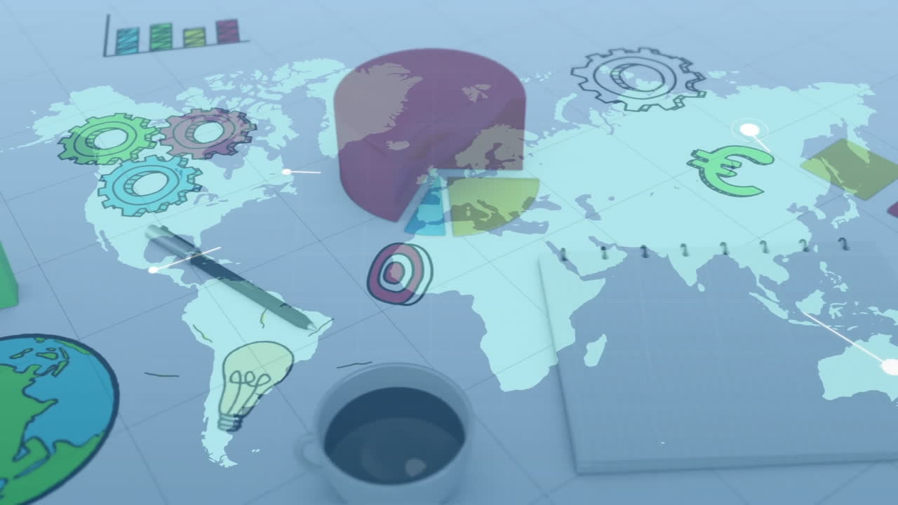 World map with business icons and data processing animation over office desk