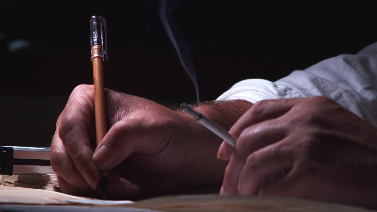 A man in lamplight, smoking a cigarette, processing information from a dictaphone and taking notes on paper