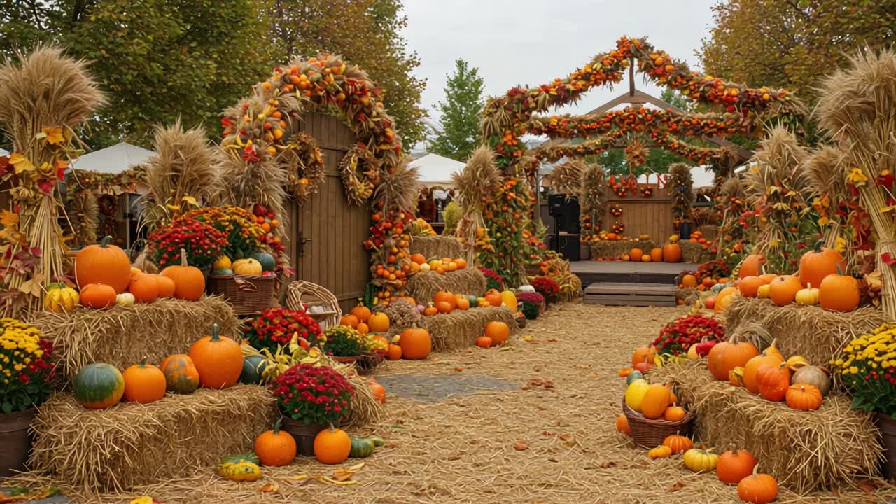 A Vibrant Autumn Festival Scene Showcasing Luscious Pumpkins, Colorful Flowers, and Rustic Straw Decorations That Capture the Essence of Fall Celebrations
