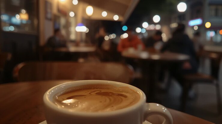Barista pouring latte starting camera focusing on cup's swirling foam in cafe, friends whispering
