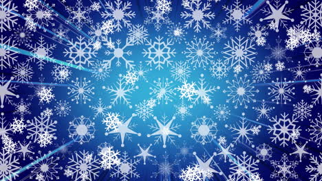 animation of snow falling over snowflakes on blue background at christmas