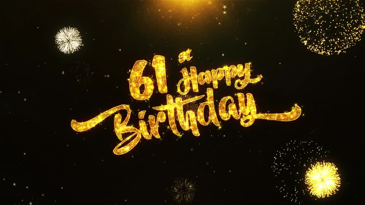 Tarjeta de felicitación y deseos para el 61 cumpleaños hecha con partículas de purpurina de fuegos artificiales dorados