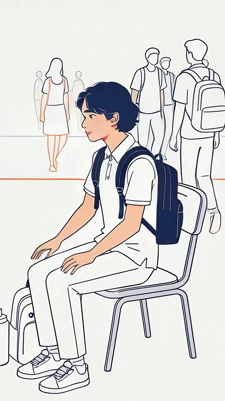 Vertical video: Entering student in white polo sitting on chair in hall to wait, with dark backpack