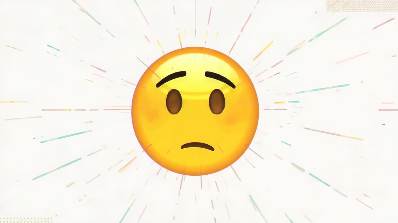 Appearing at start yellow emoji showing concern on white canvas, with multicolored radial streaks