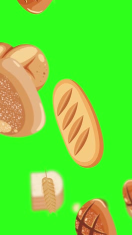 various bread types fall gently against a bright green backdrop, creating a playful and surreal animation