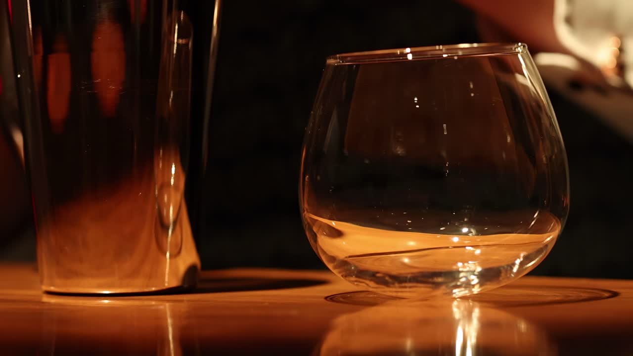 A close-up of an empty glass and metal shaker on a warmly lit wooden bar surface.