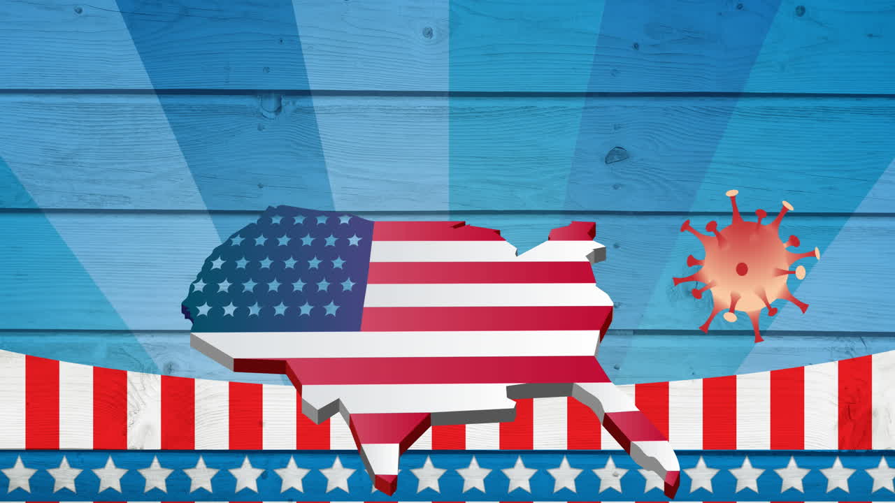 미국  ⁇ 발로 색칠된 미국 지도 위의 코로나바이러스 세포의 애니메이션