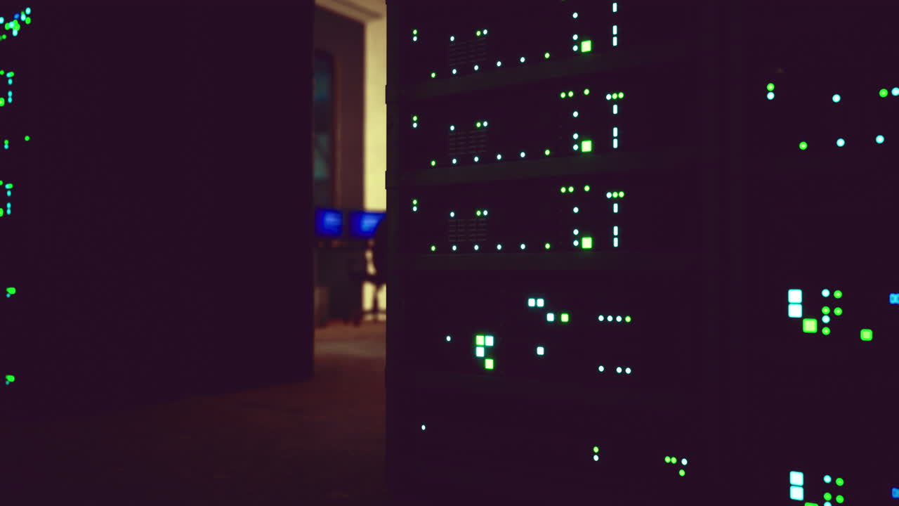 Data center illuminated by server lights during evening hours
