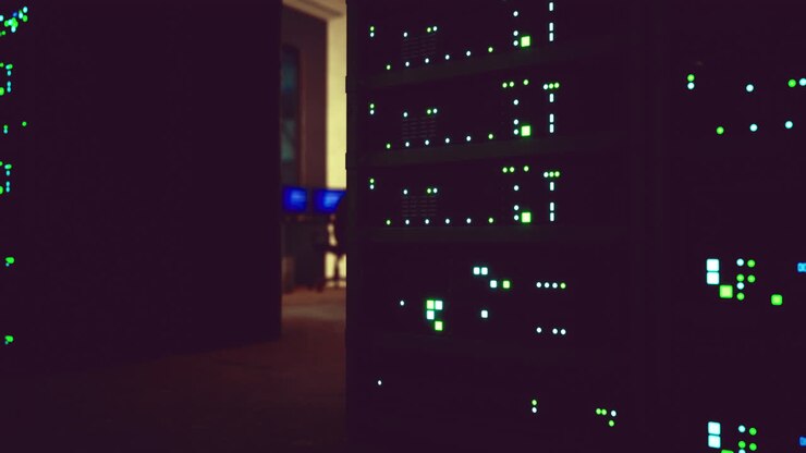 Data center illuminated by server lights during evening hours