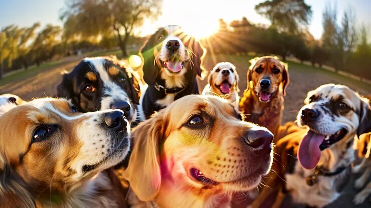 Een groep honden die in een rij staan en naar de camera kijken.