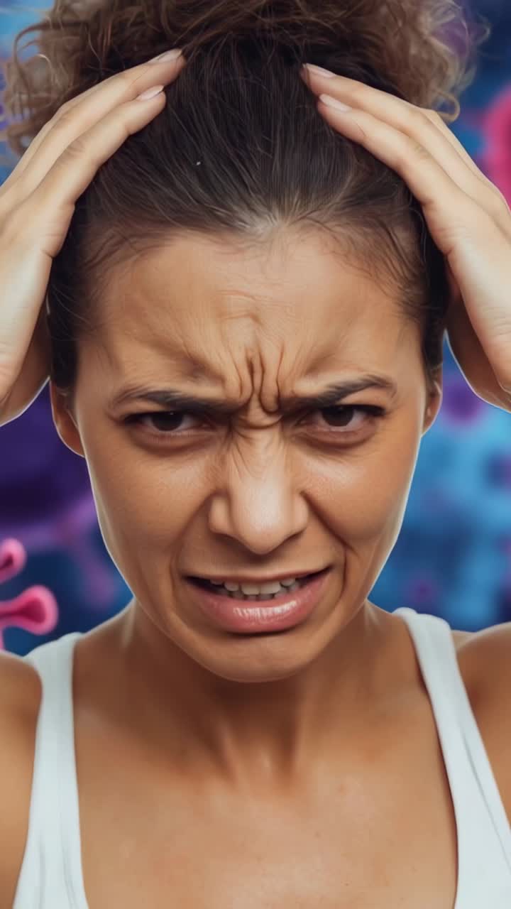 Vídeo vertical: Mujer con dolor de cabeza agarrándose el cuero cabelludo y presionándose las sienes en un estudio con arte de virus