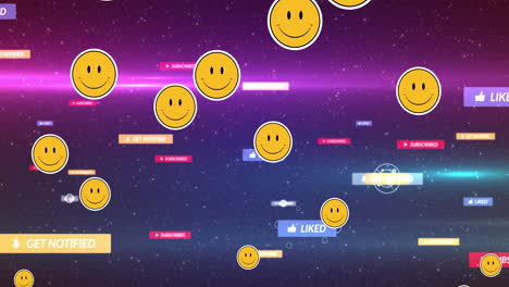 animación de iconos y emojis de redes sociales que caen sobre un fondo oscuro