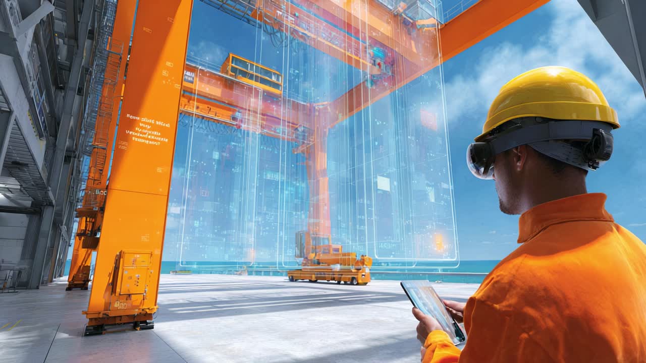 A modern worker in an industrial setting uses augmented reality technology to interact with a digital interface while overseeing operations of an advanced crane system