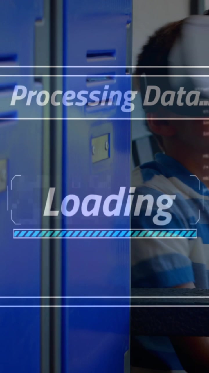 Animation of data processing on screen over boy using vr headset