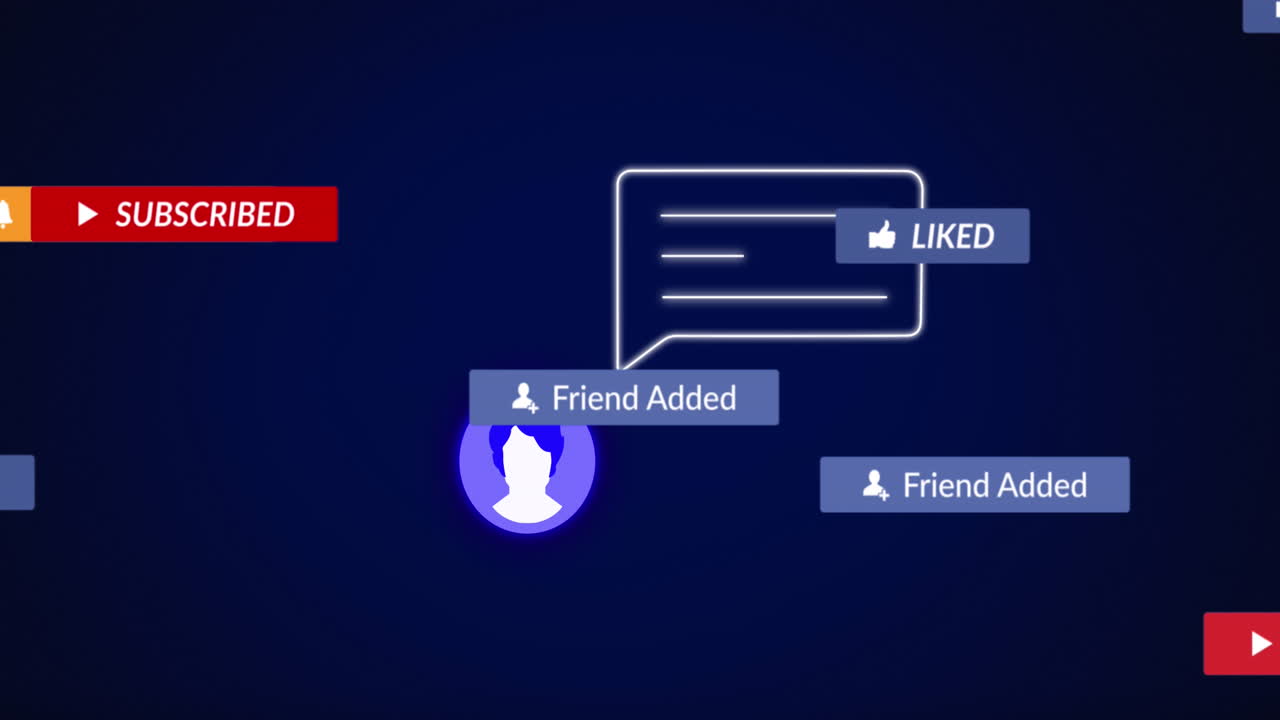 animación de iconos de redes sociales y texto sobre fondo púrpura